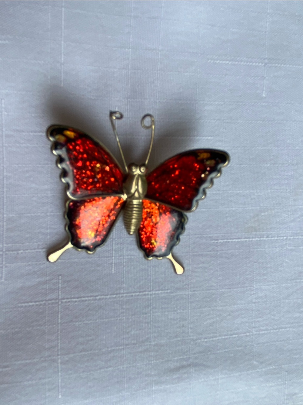 Vintage Red Glitter Sparkle Butterfly Brooch Silver Tone Metal Pin